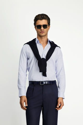 Koyu Mavi Uzun Kol Slim Fit Dar Kesim Baskılı Pamuk Gömlek