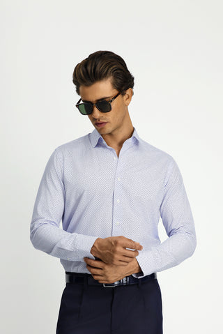 Koyu Mavi Uzun Kol Slim Fit Dar Kesim Baskılı Pamuk Gömlek
