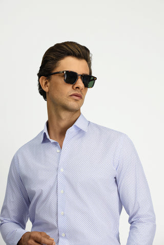 Koyu Mavi Uzun Kol Slim Fit Dar Kesim Baskılı Pamuk Gömlek