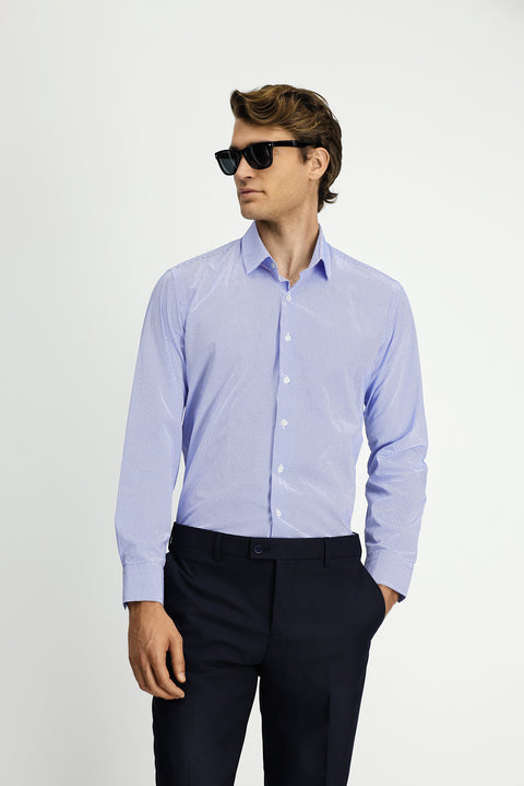 Mavi Uzun Kol Slim Fit Dar Kesim Baskılı Pamuk Gömlek