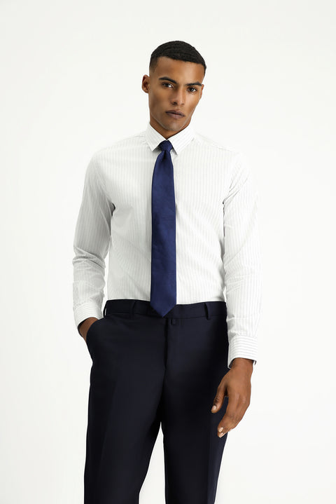 Açık Lacivert Uzun Kol Slim Fit Dar Kesim Klasik Çizgili Pamuk Gömlek