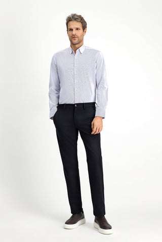 Açık Lacivert Uzun Kol Slim Fit Dar Kesim Pamuk Çizgili Klasik Gömlek