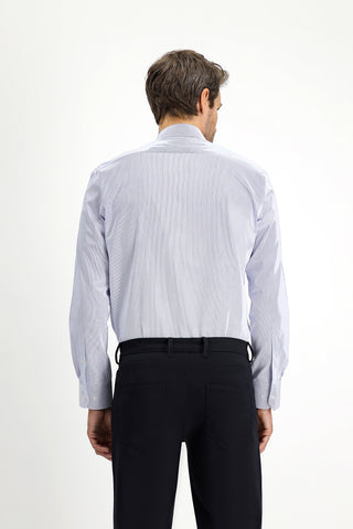 Açık Lacivert Uzun Kol Slim Fit Dar Kesim Pamuk Çizgili Klasik Gömlek