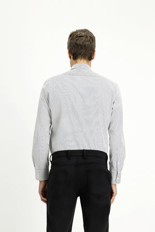 Koyu Lacivert Uzun Kol Slim Fit Dar Kesim Klasik Çizgili Pamuk Gömlek