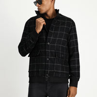 Siyah Slim Fit Dar Kesim Kareli Yünlü Bomber Ceket Mont