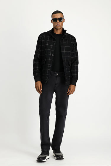 Siyah Slim Fit Dar Kesim Kareli Yünlü Bomber Ceket Mont