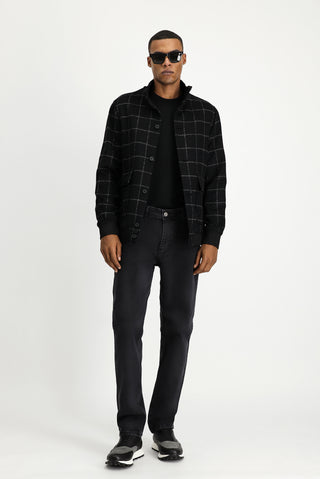 Siyah Slim Fit Dar Kesim Kareli Yünlü Bomber Ceket Mont