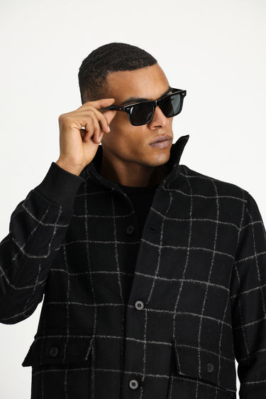 Siyah Slim Fit Dar Kesim Kareli Yünlü Bomber Ceket Mont