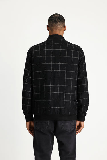 Siyah Slim Fit Dar Kesim Kareli Yünlü Bomber Ceket Mont