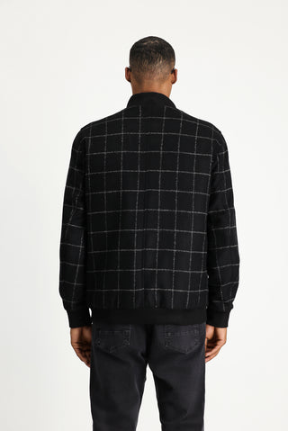 Siyah Slim Fit Dar Kesim Kareli Yünlü Bomber Ceket Mont