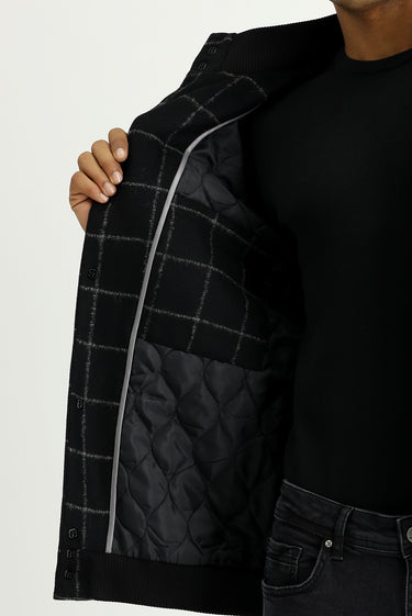 Siyah Slim Fit Dar Kesim Kareli Yünlü Bomber Ceket Mont