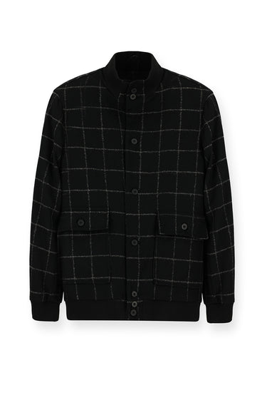 Siyah Slim Fit Dar Kesim Kareli Yünlü Bomber Ceket Mont