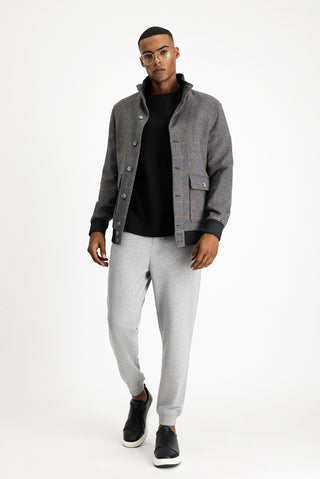 Orta Füme Slim Fit Dar Kesim Kareli Yünlü Bomber Ceket Mont