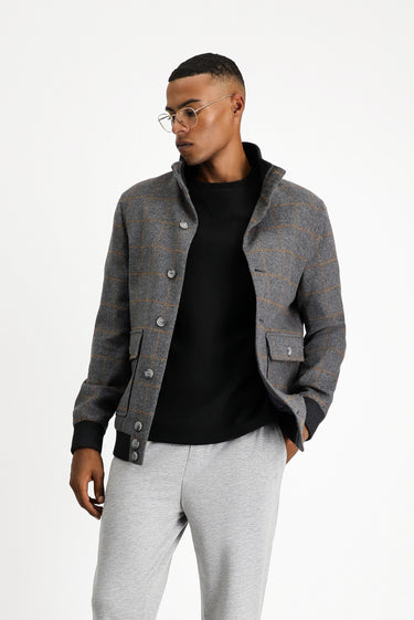 Orta Füme Slim Fit Dar Kesim Kareli Yünlü Bomber Ceket Mont