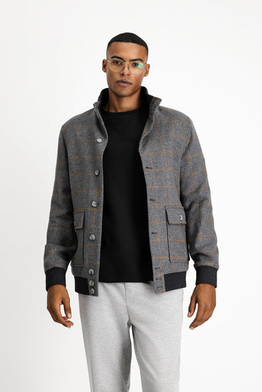 Orta Füme Slim Fit Dar Kesim Kareli Yünlü Bomber Ceket Mont