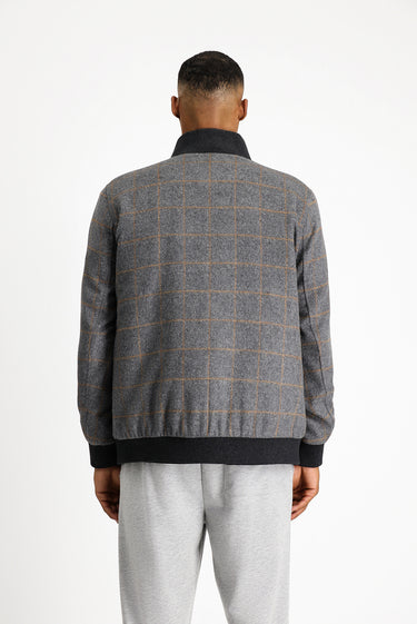 Orta Füme Slim Fit Dar Kesim Kareli Yünlü Bomber Ceket Mont