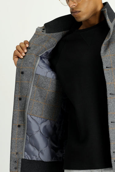 Orta Füme Slim Fit Dar Kesim Kareli Yünlü Bomber Ceket Mont