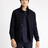 Koyu Lacivert Slim Fit Dar Kesim Kareli Yünlü Bomber Ceket Mont