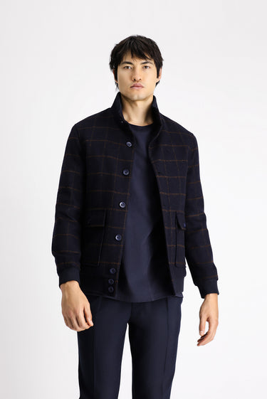 Koyu Lacivert Slim Fit Dar Kesim Kareli Yünlü Bomber Ceket Mont