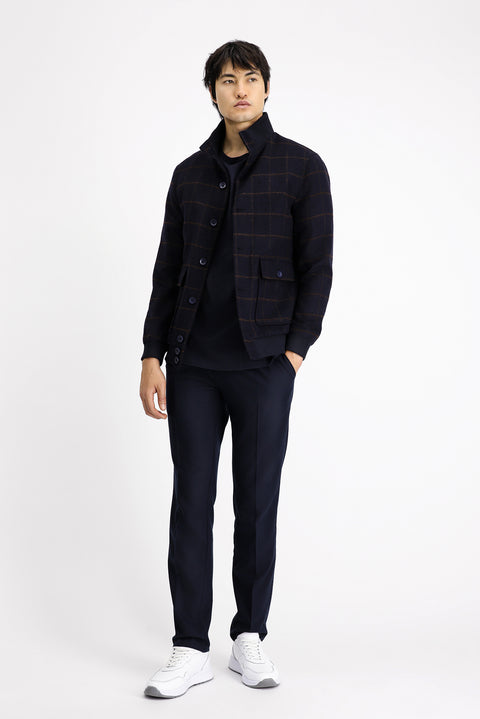 Dark Navy Slim Fit Narrow Cut Plaid Wool Bomber Jacket