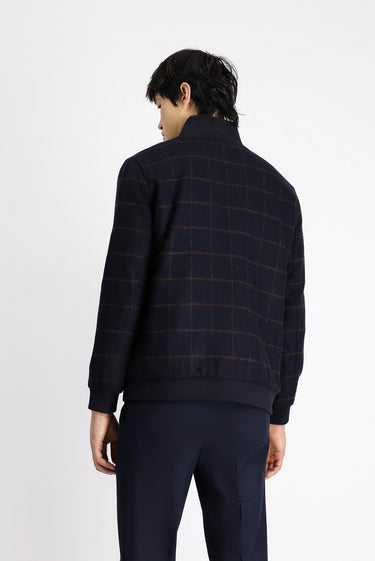 Koyu Lacivert Slim Fit Dar Kesim Kareli Yünlü Bomber Ceket Mont