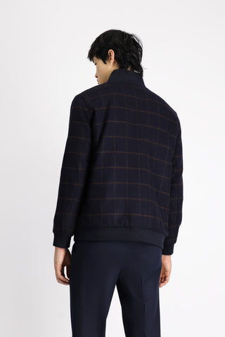 Koyu Lacivert Slim Fit Dar Kesim Kareli Yünlü Bomber Ceket Mont