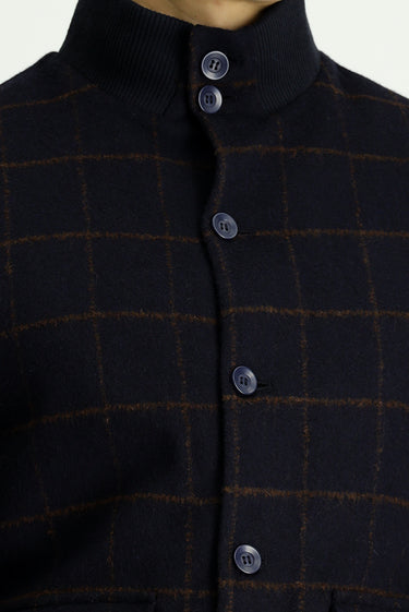 Koyu Lacivert Slim Fit Dar Kesim Kareli Yünlü Bomber Ceket Mont