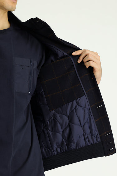 Koyu Lacivert Slim Fit Dar Kesim Kareli Yünlü Bomber Ceket Mont