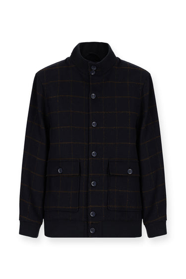 Koyu Lacivert Slim Fit Dar Kesim Kareli Yünlü Bomber Ceket Mont