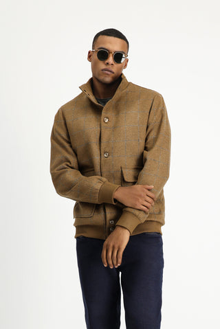 Camel Slim Fit Dar Kesim Kareli Yünlü Bomber Ceket Mont