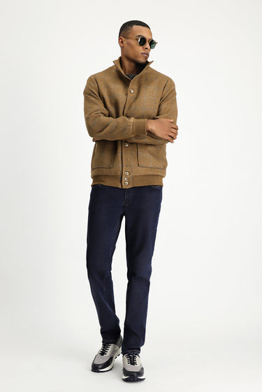 Camel Slim Fit Dar Kesim Kareli Yünlü Bomber Ceket Mont