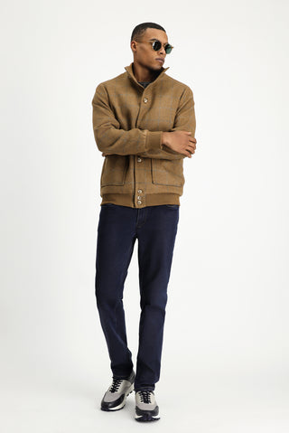 Camel Slim Fit Dar Kesim Kareli Yünlü Bomber Ceket Mont