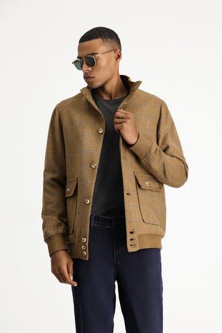 Camel Slim Fit Dar Kesim Kareli Yünlü Bomber Ceket Mont