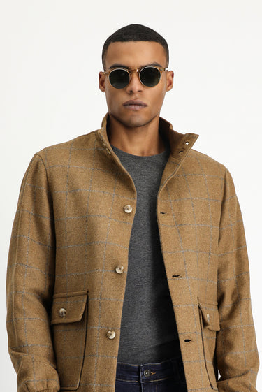 Camel Slim Fit Dar Kesim Kareli Yünlü Bomber Ceket Mont