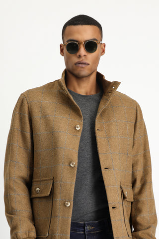 Camel Slim Fit Dar Kesim Kareli Yünlü Bomber Ceket Mont