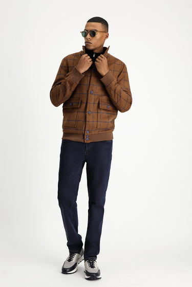 Taba Slim Fit Dar Kesim Kareli Yünlü Bomber Ceket Mont