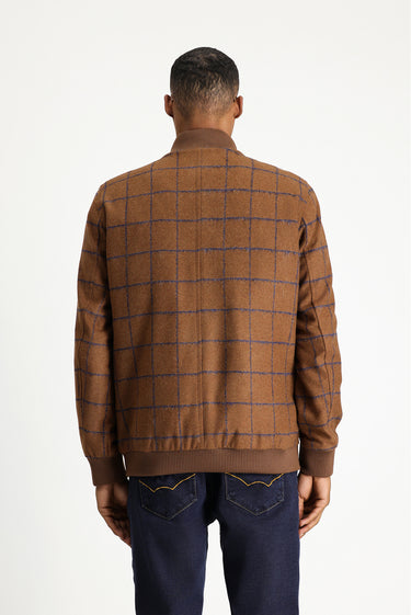 Taba Slim Fit Dar Kesim Kareli Yünlü Bomber Ceket Mont