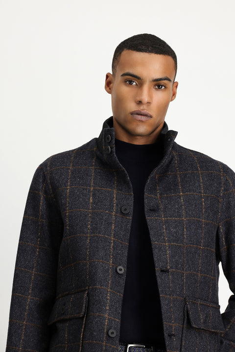 Koyu Antrasit Slim Fit Dar Kesim Kareli Yünlü Bomber Ceket Mont