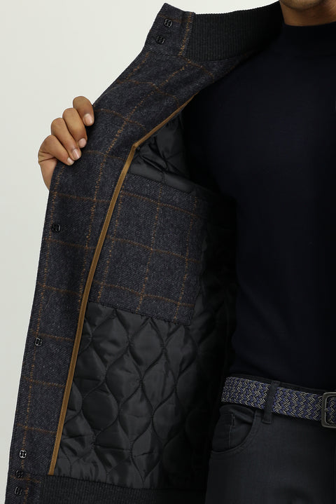 Koyu Antrasit Slim Fit Dar Kesim Kareli Yünlü Bomber Ceket Mont