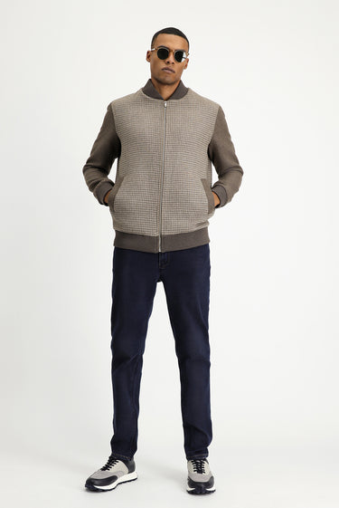 Koyu Vizon Slim Fit Dar Kesim Kazayağı Spor Yünlü Bomber Ceket Mont