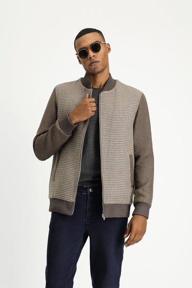 Koyu Vizon Slim Fit Dar Kesim Kazayağı Spor Yünlü Bomber Ceket Mont