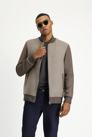 Koyu Vizon Slim Fit Dar Kesim Kazayağı Spor Yünlü Bomber Ceket Mont