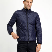Dark Navy Stand Collar Windproof Quilted Sport Jacket with Zipper and Pockets
