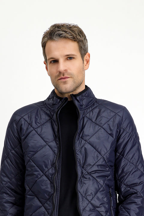 Dark Navy Stand Collar Windproof Quilted Sport Jacket with Zipper and Pockets