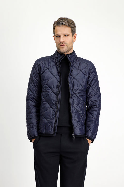 Dark Navy Stand Collar Windproof Quilted Sport Jacket with Zipper and Pockets