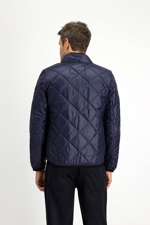Dark Navy Stand Collar Windproof Quilted Sport Jacket with Zipper and Pockets