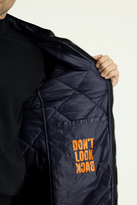 Dark Navy Stand Collar Windproof Quilted Sport Jacket with Zipper and Pockets