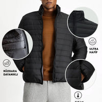 Black Stand Collar Zip-Up Pocket Windproof Warm Quilted Sport Jacket