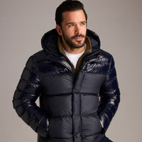 Koyu Lacivert Slim Fit Dar Kesim Kapüşonlu Vinil Şişme Mont