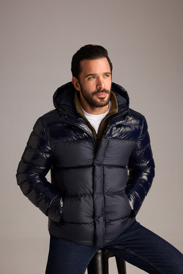 Koyu Lacivert Slim Fit Dar Kesim Kapüşonlu Vinil Şişme Mont